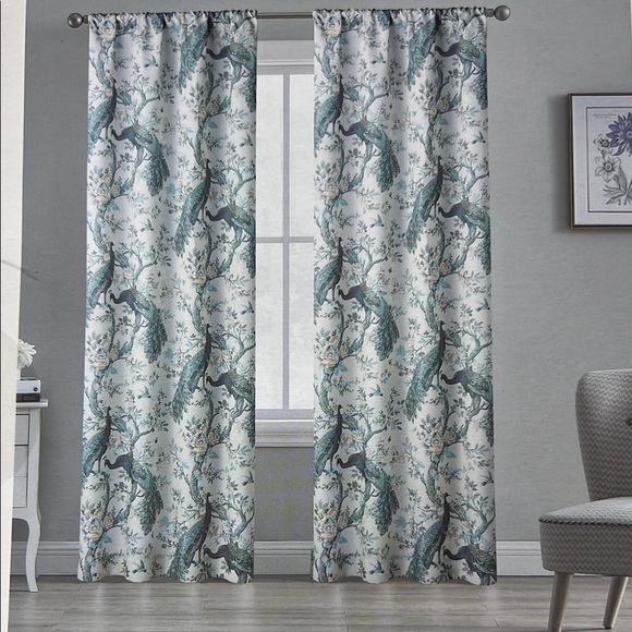 Laura Ashley Peacock Curtains 2 Panels Pole Top Floral Teal Cream 38 x 96 NEW - Picture 11 of 11